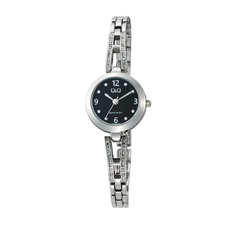 Q&Q Japan Quartz Black Dial Silver-tone Ladies Watch- F07A-002PY